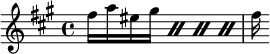 {\key fis \minor \relative fis'' { \repeat percent 4 { fis16 a eis gis } fis16 }}