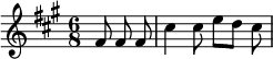 {\time 6/8 \autoBeamOff \key fis \minor \partial 4. \relative fis' { fis8 8 8 cis'4 8 e[ d] cis }}