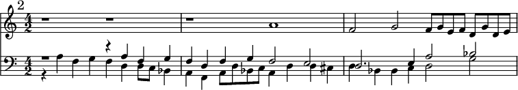 <<
\new Staff \relative a' { \mark "2" \time 4/2 r1 r1 r1 a f2 g f8 g e f d g d e }
\new Staff \with { \clef bass } << \relative a { r1 r4 a f g f d f g f2 e d2. e4 a2 bes } \\ \relative a { r4 a f g f d d8 c bes4 a f a8 d bes c a4 d d cis d bes bes c d2 g } >>
>>