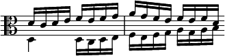  << \clef alto \omit Score.TimeSignature
\relative c' { \set Timing.measureLength = #(ly:make-moment 2/4) d16[ c d e] f[ e f g] a[ g f e] f[ e f d] \bar "" }
\\ \relative c { \set Timing.measureLength = #(ly:make-moment 2/4) d4 d16[ c d e] f[ e f g] a[ g a b] \bar "" }
>> 