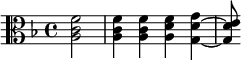 {\key f \major \clef alto \relative f' { \partial 2 <f c a>2 4 4 <f d a>4 <g d~ g,~> <e d g,>8 }}