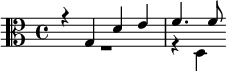 << \relative g { \clef alto r4 g d' e f4. 8  } \\ \relative d { R1 r4 d  } >>