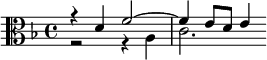 {\key d \minor \clef alto << \relative d' { r4 d f2~4 e8 d e4 } \\ \relative a { r2 r4 a c2. } >>}