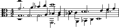 << \relative g' { \clef alto \time 4/2 g2. a4 bes c d1 d,2. e4 f g } \\ \relative g { g1. g,2. a4 bes c d1 } \\ \relative g { r2 g2. a4 bes c d1 } \\ \relative g { r1 g2. a4 bes c d1 d2.*2/3 } >>