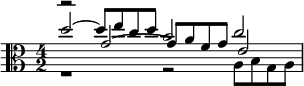 { \time 4/2 \clef alto << \relative d'' { d2~d8 e c d b2 c } \\ \relative a { r1 r2 a8 b g a } \\ \relative g' { r2 g2~g8 a f g e2 } >> }