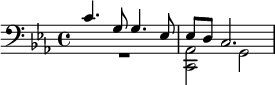 << \relative c' { \clef bass \key c \minor c4. g8 g4. ees8 ees d c2. } \\ \relative c, { R1 <c aes'>2 g' } >>