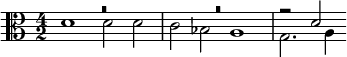 << \relative d' { R\breve R\breve r2 d } \\ \relative d' { \clef alto \time 4/2 d1 d2 d c bes a1 g2. a4 } >>