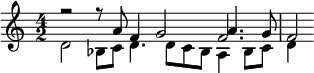 << \relative a' { \time 4/2 r2 r8 a f4 g2 f2. } \\ \relative d' { d2 bes8 c d4. d8 c bes a4 bes8 c d4 } \\ \relative a' { s1 s2 a4. g8 f2*1/2 } >> 