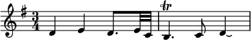 \relative d' { \time 3/4 \key g \major d4 e d8. e32 c | b4.^\trill c8 d4\laissezVibrer }