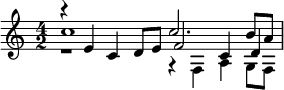 << \relative c'' { \time 4/2 c1 c2. b8 a } \\ \relative f { r1 r4 f a g8 f } \\ \relative e' { r4 e c d8 e f2 c4 d } >>