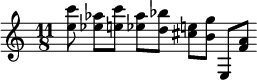 {\time 11/8 \relative e'' { <e c'>8 <ees aes>[ <e c'>] <ees aes>[ <d bes'>] <cis e>[ <b g'>] e,,[ <f' a>] }}