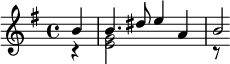 << \relative b' { \key g \major \partial 4 b4 b4. dis8 e4 a, b2*1/4 } \\ \relative e' { r4 <e g>2 s2 | r8 } >>