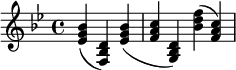 {\key bes \major \partial 2. \relative e' { <ees g bes>4( <f, bes d>) <ees' g bes>( <f a c> <g, bes d>) <bes' d f>( <f a c>) }}