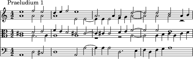 <<
\new Staff << \relative e'' { \mark "Praeludium 1" e1 f2 e d4 e f2 e1 a,2. 4 a2 d~ d d c2 a4 b } \\ \relative a' { a1 a2 a a1 e2 e~ e4 e e2 f4 g a2~ a a a r2 } >>
\new Staff \with { \clef alto } << \relative cis' { cis1 d2 e f4 e d2 cis2 cis~4 4 2 d4 e f2~ f f e1 } \\ \relative a { a1 a2. 4 a1 a r1 r2 a~a a4 b c a c d } >>
\new Staff \with { \clef bass } \relative a, { \time 4/2 a1 d2 cis d1 a2 a'~ a4 a a2 d,2. e4 f d f g a1 }
>>