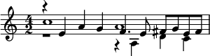 << \relative c'' { \time 4/2 c1 a } \\ \\ \relative e' { r4 e a g f4. e8 fis g e fis } \\ \relative a { r1 r4 a d c } >>