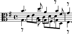 << \relative b' { \key g \major \clef alto b4. d8 a4 b | g4*1/2 } \\ \relative g { g4. g8~g8 fis g d | e4.*1/3 } \\ \relative fis' { s2 s4 r8 fis | r8 } \\ \relative d' { r8 d e b c d8~ d4 | r8 } >>