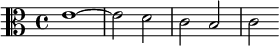 {\clef alto \relative e' { e1~2 d c b c }}