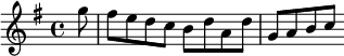 {\key g \major \partial 8 \relative g'' { g8 fis e d c b d a d g, a b c }}