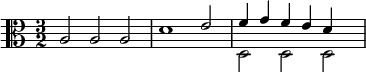 {\clef alto \time 3/2 << \relative a { a2 a a d1 e2 f4 g f e d } \\ \relative d { s1. s1. d2 d d } >>}