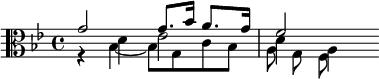 {\clef alto \key g \minor << \relative g' { g2 g8. bes16 a8. g16 f2 } \\ \relative d' { r4 d ees2 d4 a } \\ \\ \relative bes { r4 bes4~8 g c bes a g f } >>}