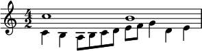 << {\time 4/2 c''1 b'} \\ \relative c' { c4 b a8 b c d e8 f g4 d e } >>