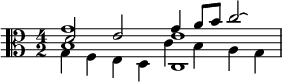 << \relative g' { \omit TimeSignature \clef alto \time 4/2 g1 g4 a8 b c2\laissezVibrer } \\ \relative g { g4 f e d c1 } \\ \relative d' { d2 e e1 } \\ \relative b { b1 c4 b a g } >>