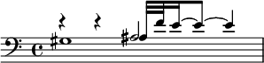<< \relative ais { \clef bass r4 r4 ais2 } \\ gis1 \\ \relative ais { s2 ais32 f' e16~8~4 } >>