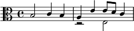 << \relative b { \clef alto b2 c4 b a e' e8 d c4 } \\ \relative e { s1 r2 e } >>