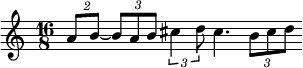 {\time 16/8 \relative a' { \tuplet 2/2 { a8[ b~] } \tuplet 3/2 {  b8 a b} \tuplet 3/2 { cis4 d8 } cis4. \tuplet 3/2 { b8 cis d } }}