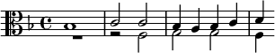 {\clef alto \key f \major << \relative bes { bes1 c2 c bes4 a bes c d } \\ \relative f { R1 r2 f g g f4 } >>}