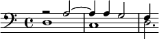 {\clef bass << \relative a { r2 a2~4 a g2 f4 } \\ \relative d { d1 c d2.*1/3 } >>}