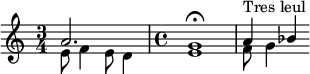 {\time 3/4 << {a'2.} \\ \relative e' { e8 f4 e8 d4 } >> \time 4/4 <e' g'>1^\fermata  << \relative a' { a4^"Tres leul" bes4*1/2 } \\ \relative f' { f8 g4 } >>}