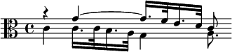 {\clef alto << \relative g'  {r4 g4~16. f32 e16. d32 c8 } \\ \relative c' { c4 c16. c32 b16. a32 g4 a8.*2/3 } >>}