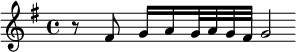 \relative fis' { \key g \major r8 fis\noBeam g16[ a g32 a g fis] g2*1/4  }