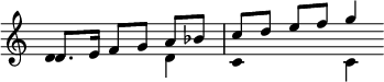  << \clef treble \omit Score.TimeSignature
\relative c' { \set Timing.measureLength = #(ly:make-moment 3/4) d8. e16 f8 g a bes c[ d] e[ f] g4 \bar "" }
\\ \relative c' { \set Timing.measureLength = #(ly:make-moment 3/4) \once \override NoteHead.duration-log = #2 d1*1/2 d4 \once \override NoteHead.duration-log = #2 c1*1/2 c4 \bar "" }
>> 