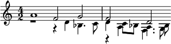 << \relative a' { \time 4/2 a1 f2 g f d } \\ \relative d' { r1 r4 d bes4. c8 d4 c8 bes a4. bes8 } \\ \\ \relative a { s\breve r4 a f4. g8 } >>