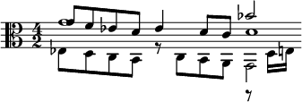 { \time 4/2 \clef alto << \relative g' { g1 bes2*1/2 } \\ \relative ees { ees8 d c b r c b a g2*1/2 } \\ \relative g' { g8 f ees d ees4 d8 c d1*1/4 } \\ \relative d { s1 r8 d16 e  } >> }