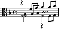 << \relative f' { \key f \major r4 f8 g a4 a8 bes } \\ \relative f { f2 f } \\ \relative a { a4 a8 bes c2\laissezVibrer } \\ \relative f  {\clef alto f2 r4 f8 g }>>