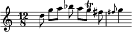 {\time 12/8 \partial 1 \relative d'' { s8 d g a bes\noBeam a g^\trill fis\noBeam \grace fis8 g4 }}