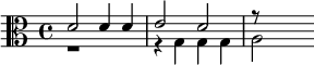 {\clef alto << \relative d' { d2 d4 d e2 d r8 } \\ \relative g { r1 r4 g g g a2 } >>}