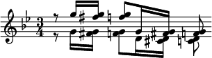 << \relative g'' { \time 3/4 \key bes \major r8 g16 <g fis> <g f>8 g,16 <g fis> <g f>8 } \\ \relative g' { \time 3/4 \key bes \major r8 g16 <g fis> <g f>8 d16 <d cis> <d c>8 } >>