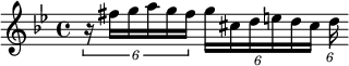 {\key g \minor \relative g'' { \tuplet 6/4 4 { r16 fis g a g fis g cis, d e d cis d }}}