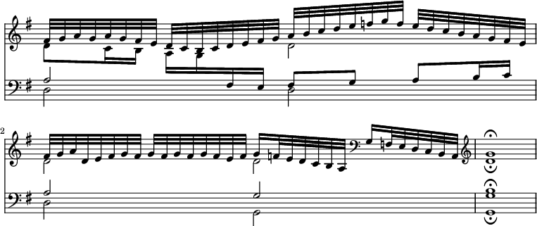 << 
\new Staff = "u" \with { \omit TimeSignature } << \relative fis' { \key g \major fis32 g a g a g fis e d c b c d e fis g a b c d e f g f e d c b a g fis e | fis32 g a d, e fis g fis g fis g fis g fis e fis g16 f32 e d c b a \clef bass g16 f32 e d c b a | \clef treble g''1\fermata } \\ \relative d' { d8 c16 b a g \change Staff = "d" \voiceOne fis e fis8 g a b16 c | a2 g | <g b>1^\fermata } >> 
\new Staff = "d" \with { \omit TimeSignature \clef bass } << \relative a { \key g \major a2 \change Staff = "u" \voiceTwo d2 | d d d1\fermata } \\ \relative d { d2 d d g, g1\fermata } >> >>