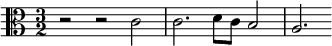 {\time 3/2 \clef alto \relative c' { r2 r2 c c2. d8 c b2 a2. }}