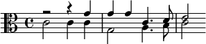 {\clef alto << \relative g' { r2 r4 g g g c,4. d8 e2 } \\ \relative c' { c2 c4 c g2 a4. b8 c2 } >>}