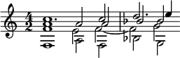 << \relative c'' { \time 4/2 c1. c2 d2. e4 } \\ \relative f { f1 a2 f bes g } \\ \relative a' { a1 a2 a bes2 bes } \\ \relative f' { f1 e2 f~ f g } >>