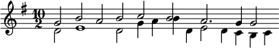 {\key g \major \time 10/2 << \relative g' { g2 b a b c b a2. g4 2 } \\ \relative d' { d2 e1 d2 g4 a b d, e2 d4 c b c } >>}