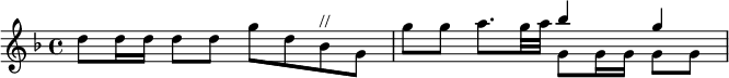  \relative d'' { \key f \major d8 d16 d d8 d g d bes^"//" g | g'8 g a8. g32 a << \relative bes'' { bes4 g } \\ \relative g' { g8 16 16 8 8 } >> } 