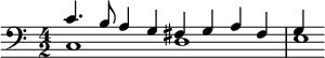 <<\relative c' { \clef bass \time 4/2 c4. b8 a4 g fis g a fis g4 } \\ \relative c { c1 d e1*1/4 } >>