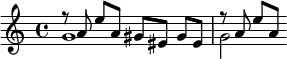 {<< \relative a' { r8 a\noBeam e' a, gis eis] gis[ eis] r8 a\noBeam e' a, } \\ \relative g' { g1 g2 } >>}